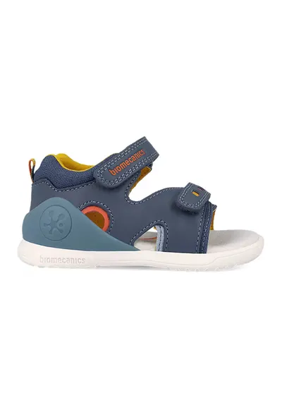 Sandale din piele cu varf decupat si garnituri din material textil - Albastru inchis/Albastru prafuit/Galben mustar