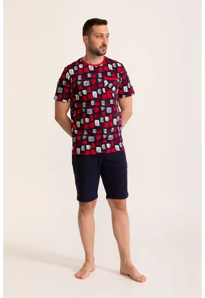 Pijama in carouri cu pantaloni scurti Nistor - Coral/Bleumarin