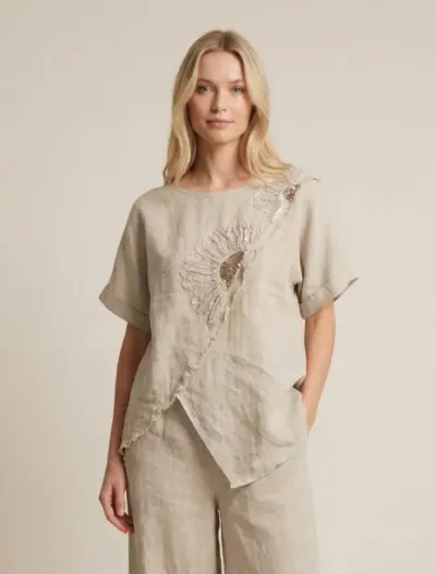 Bluza din in bej cu paiete si broderie, croi lejer asimetric, stil elegant natural