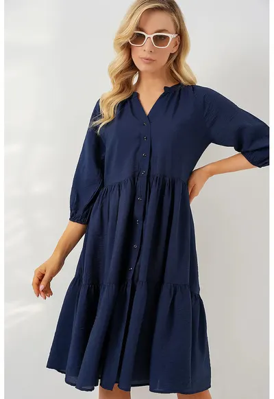 Rochie midi dama HiCCUP - maneci trei sferturi - viscoza/nylon - bleumarin