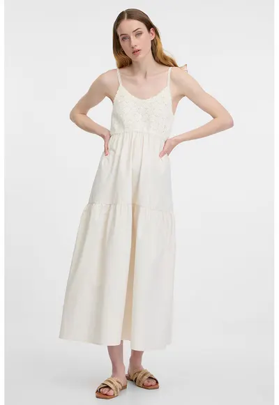 Rochie fara maneci cu segment crosetat pe piept - Alb fildes