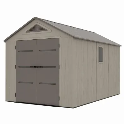 Casuta / magazie de gradina din polietilena HDPE Mesterino PLATO-D, usi si acoperis maro, pereti gri antracit, 250x378x242 cm, cu podea din plastic HDPE, cinci carlige si doua polite CADOU
