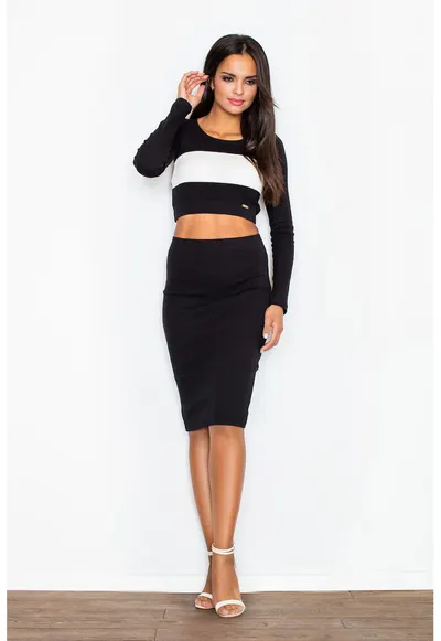 Set elegant M369 - crop top cu maneci lungi si fusta midi - negru - bumbac 98% elastan 2%