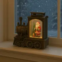 Tren Locomotiva Decorativa, Glob Craciun cu Mos Craciun, Bradut si Ninsoare, Functie Muzicala, Iluminare LED, Unibox