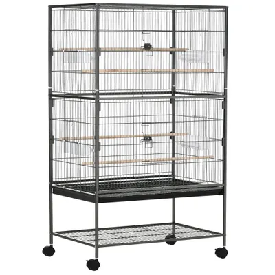 Cusca papagali de Interior din Otel si Lemn cu Tavă Detasabila, 4 Roți, Recipient pentru Alimente 78x52x132cm, Gri Inchis PawHut | Aosom Romania