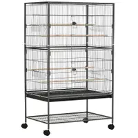 Cusca papagali de Interior din Otel si Lemn cu Tavă Detasabila, 4 Roți, Recipient pentru Alimente 78x52x132cm, Gri Inchis PawHut | Aosom Romania