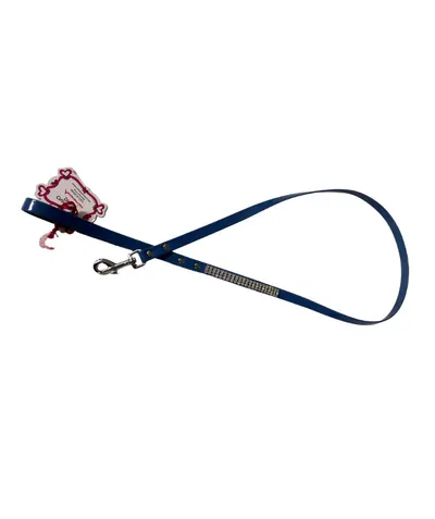 Lesa din piele ecologica, albastra, accesorizata cu lantisoare din strasuri, lungime 1.2 m, latime 1.2 cm