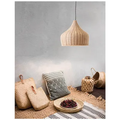 Lampa suspendata MIA Natural Ratan & Lemn Negru Fabric Wire & Baza LED E27 1x12 Wat 230 Volt IP20 Fara bec