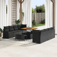 Set 11 piese de sofa pentru gradina cu perne negru ratan poliesteric acacia, sofa de gradina cu doua locuri si perne negru ratan poliesteric, set de dining de gradina 3 piese cu perne negru ratan poliesteric acacia