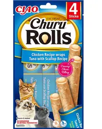 INABA Churu Rolls Chicken 4x10g rulou pentru pisici, cu pui, ton si scoici