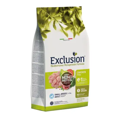 EXCLUSION Mediterraneo Monoprotein Formula Small Breed, XS-S, Pui, hrană uscată monoproteică câini, 7kg