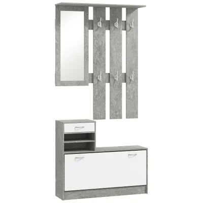 HOMCOM Mobilier Hol, 3 piese, cu Raft pentru Haine, Oglindă, 6 Cârlige, 2 Rafturi și Sertare, 90x24x177 cm, Gri | Aosom Romania