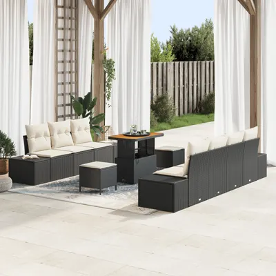 Set de canapele pentru gradina Gossi 10 piese cu perne negru poliratan acacia, canapea de gradina Gossi pentru 2 persoane cu depozitare si perne negru poliratan, set de dining pentru gradina Gossi 3 piese cu perne negru poliratan acacia