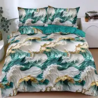 Lenjerie pat dublu, bumbac satinat, cearsaf clasic, 4 piese, Verde, Gri, abstract elegant