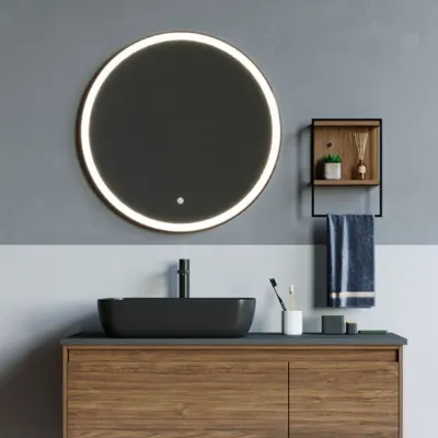 Oglinda rotunda 60 cm cu rama neagra, iluminare LED si dezaburire, Fluminia, Ando