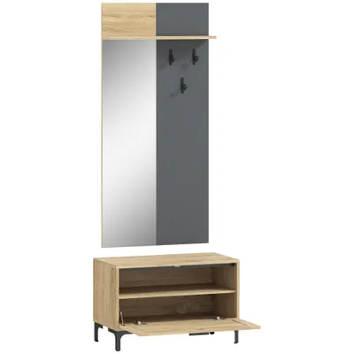 HOMCOM Set garderobă pentru hol, bancă pentru pantofi, oglindă, 3 cârlige, raft deschis, mobilier de hol, Lemn natural+Gri | Aosom Romania