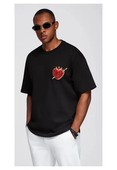 Tricou din bumbac cu aplicatie bijuterie pe piept OM-TSCT-0290 - Negru