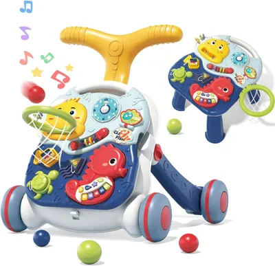 Antemergator interactiv cu sunete si lumini 3 in 1 WePro Store, Inaltime si viteza reglabile, Masuta si tabla Interactiva, Cos pentru mingi, Jucarii zornaitoare, 6-18 luni, Albastru Engros