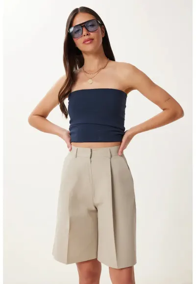 Pantaloni scurti - Happiness Istanbul - cu curea - bej natural - bumbac