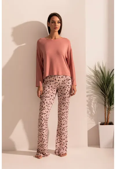 Bluza de pijama din amestec de modal si colanti evazati Aria - Roz somon