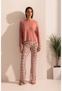 Bluza de pijama din amestec de modal si colanti evazati Aria - Roz somon