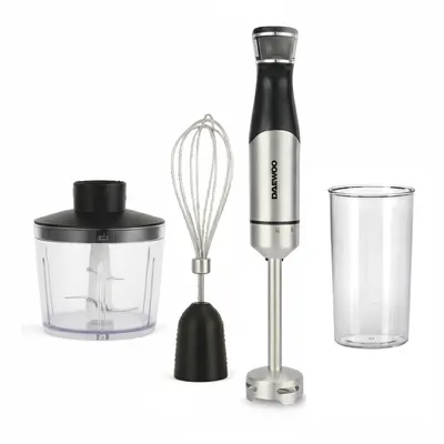 Mixer vertical Daewoo DHB100X, 1000 W, tija detasabila din inox, 6 trepte de viteza, functie turbo, lama din inox, Negru/inox