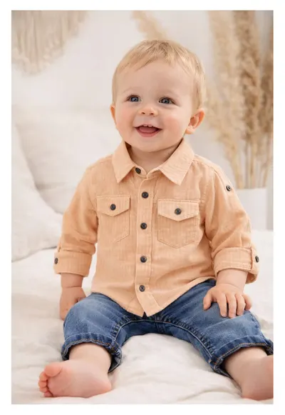 Set bebe baieti camasa maro si blugi compleu copii baiat elegant 2 piese