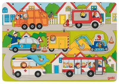 Puzzle din lemn Goki - Pe strada, cu fundal