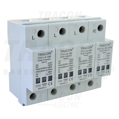 Descarcator de supratensiuni,AC/DC,clasa1+2,unitar cu soclul TTV1+2-100-3P+N/PE 230/400 V, 50Hz, 8 kA (10/350us) 50/100kA (8/20us),3P+N/PE