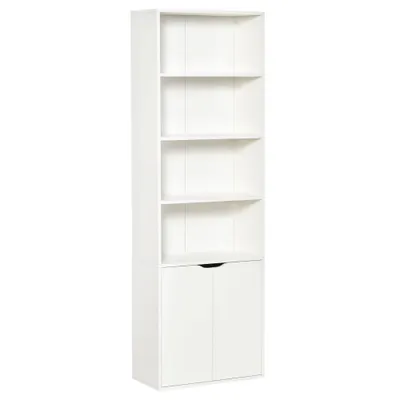 Biblioteca Moderna HOMCOM 4 Etajere cu Dulapior din Lemn cu 2 Usi, Mobilier Multifunctional pentru Living si Birou 59x29x180cm, Alba | Aosom Romania