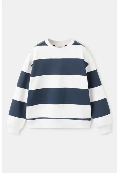 Bluza de trening din bumbac cu dungi - Alb murdar/Bleumarin