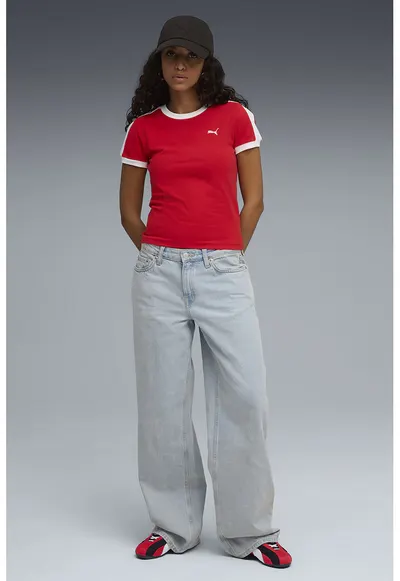 Tricou slim fit cu decolteu la baza gatului ALWAYS ON - Alb optic/Rosu vermillion
