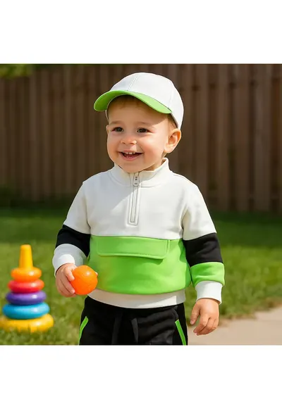 Bluza sport - Natural Power - Alb cu dungi verzi - pentru baietei - Alb