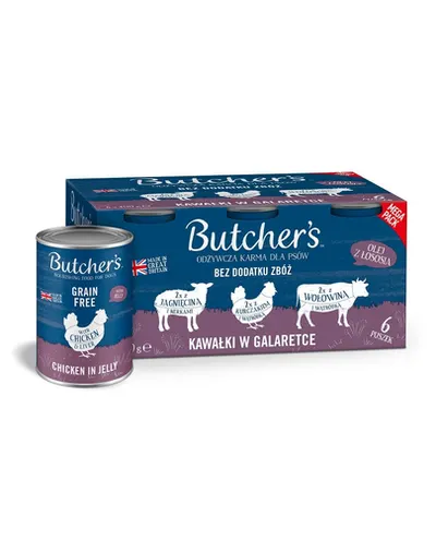 BUTCHER'S Original Recipe in jelly mix ficat sau rinichi 6x400 g bucati vita, miel si pui in aspic, hrana pentru caini