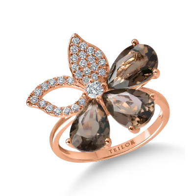 Inel floare din aur roz cu cuart fumuriu pear de 3.3ct si diamante de 0.2ct