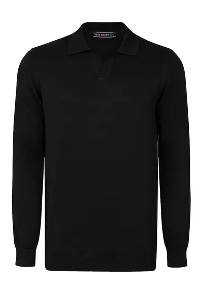 Pulover polo de bumbac cu model uni - Negru