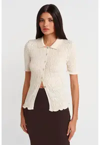 Cardigan Femei - mulat - cu maneca scurta - Crem Natural - amestec de bumbac cu poliester. -