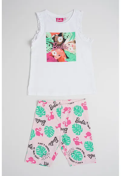 Set de top cu imprimeu si colanti cu model Barbie - 2 piese - Alb/Roz/Verde persan