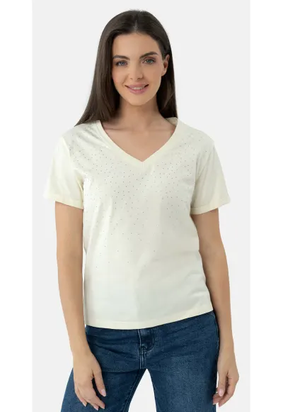 Tricou din bumbac cu strasuri - dama - Regular Fit - T-Meli - crem