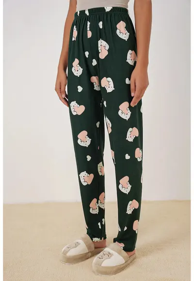 Pantaloni de pijama HiCCUP - poliester/elastan - model cu ursuleti si inimi - bleumarin