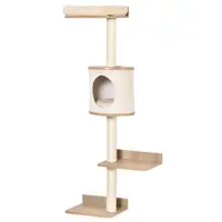 PawHut Copac pentru Pisici de Perete 38x30x149 cm cu Multiple Platforme din Lemn Vizuini Pat Superior Pernă Detașabilă Stâlpi Zgârietoare din Sisal Turn de Cățărat Bej și Stejar | Aosom Romania