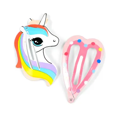 Set 2 agrafe de par cu unicorn si inimioara roz