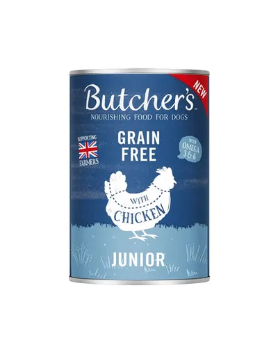 BUTCHER'S Original Junior hrana caini juniori, bucati de pui in jeleu, conserva 400g