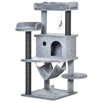 PawHut Arbore Răzuitoare pentru Pisici 48x48x107 cm Turn pentru Pisici cu Cavernă de Fetru Demontabilă Hamacă Paturi Platforme Gri | Aosom Romania