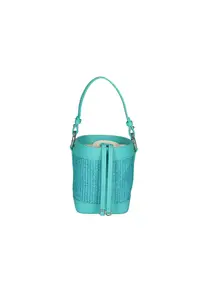 Geanta bucket de paie si piele - Turcoaz