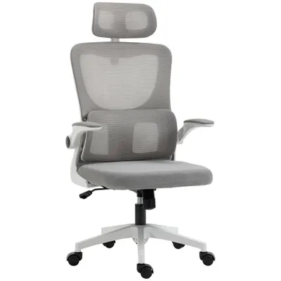 Vinsetto Scaun Ergonomic de Birou, Tetieră Reglabilă, Suport Lombar, 70x66x120-128 cm, Gri | Aosom Romania