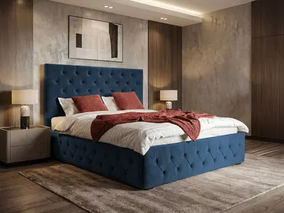 Pat Tapitat cu somiera fixa - Noble Albastru Navy - Velluto 25 140x200