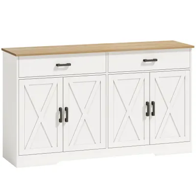 HOMCOM Bufet, dulap buffet 140 cm stil fermă pentru bucătărie cu 2 sertare și 2 dulapuri, Alb | Aosom Romania