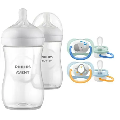 Set ingrijire Philips Avent: Biberon anticolici, Natural Response, 260 ml, 1 luni+, 2 buc + Suzete Ultra Air, 2 buc, 0-6 luni, Din silicon, Albastru/Portocaliu