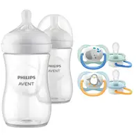 Set ingrijire Philips Avent: Biberon anticolici, Natural Response, 260 ml, 1 luni+, 2 buc + Suzete Ultra Air, 2 buc, 0-6 luni, Din silicon, Albastru/Portocaliu